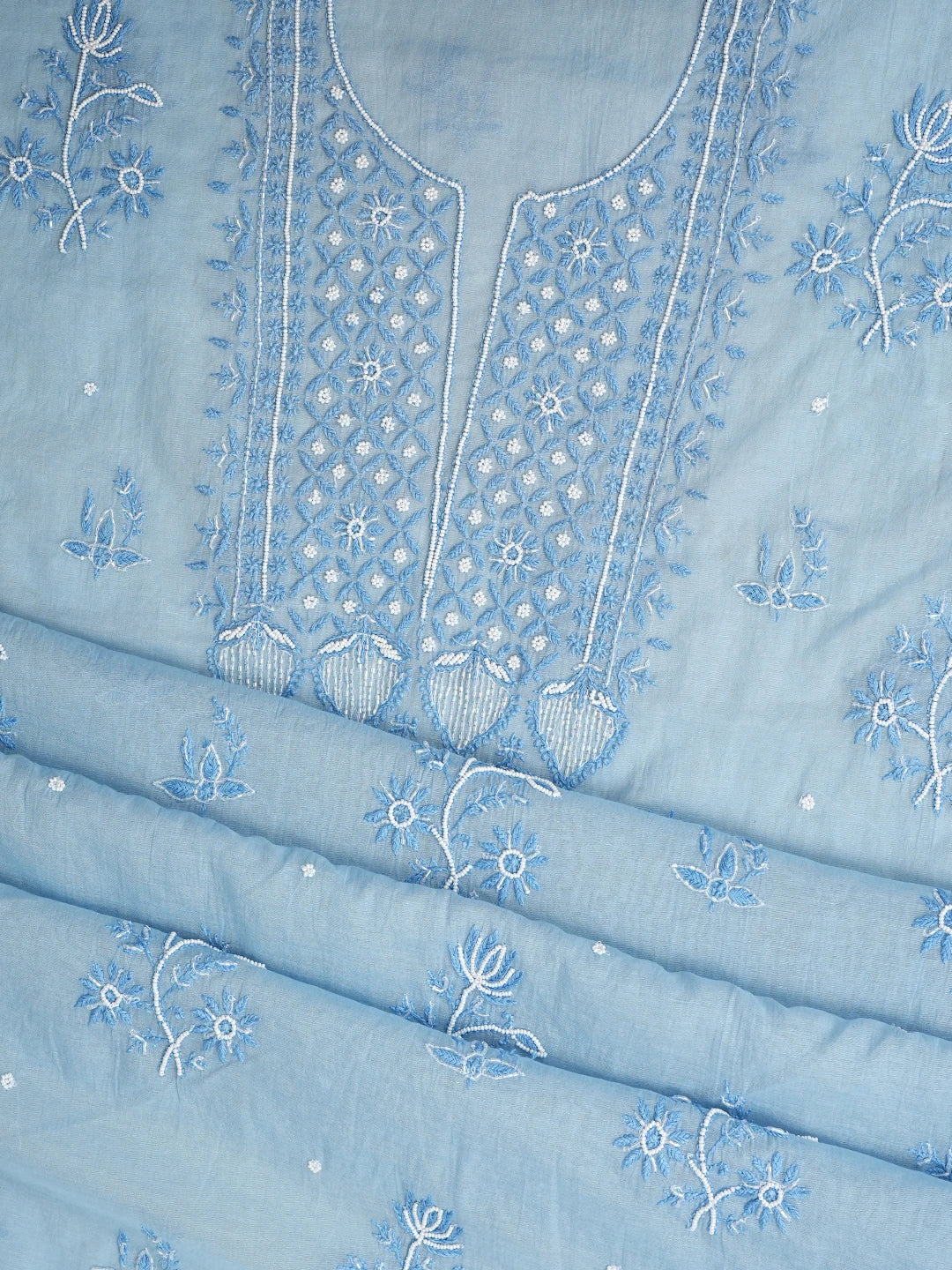 Ada Hand Embroidered Sky Blue Chanderi Lucknowi Chikankari Unstitched Kurta Dupatta Set With Pearl Work 01A972752
