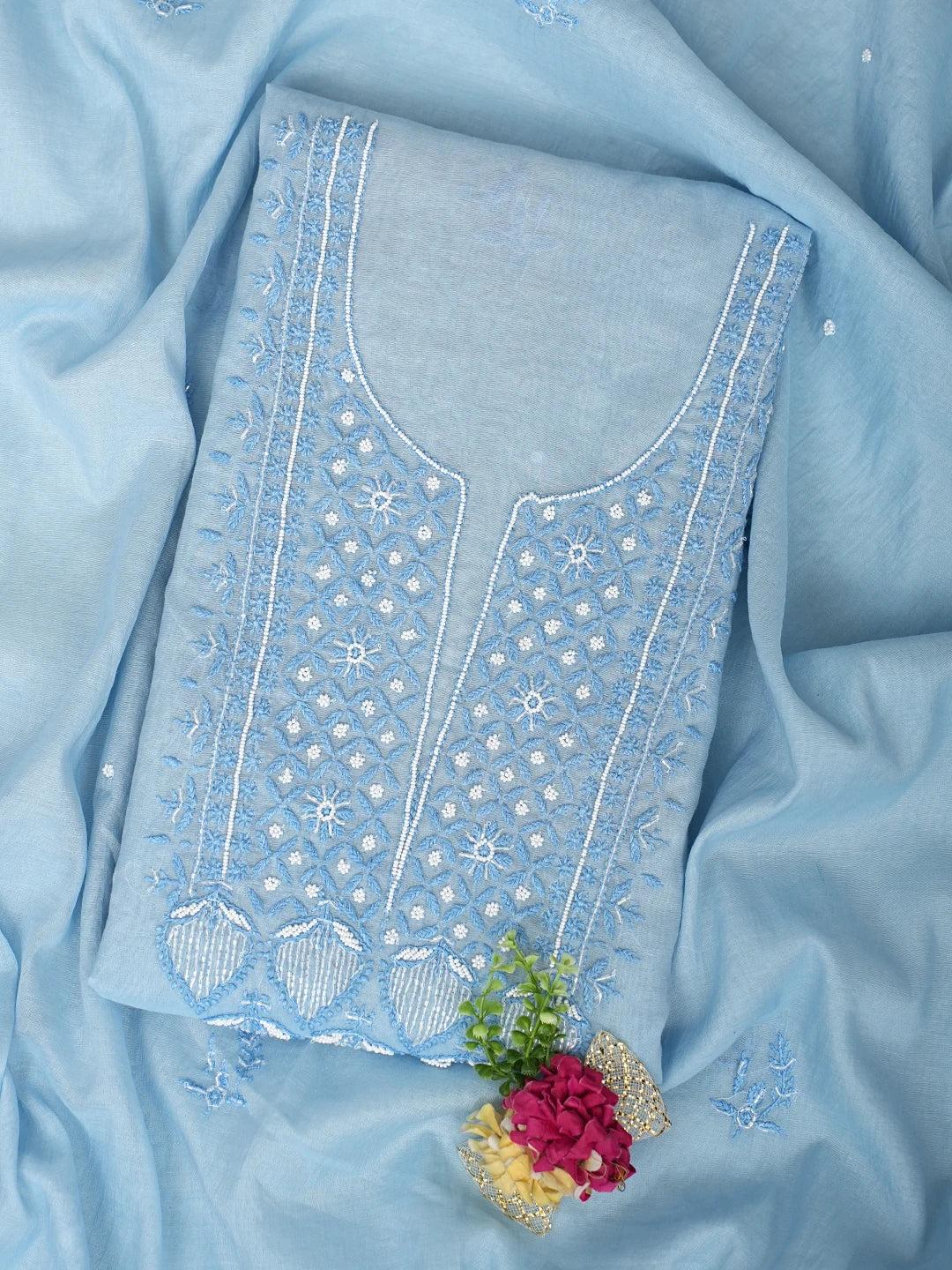 Ada Hand Embroidered Sky Blue Chanderi Lucknowi Chikankari Unstitched Kurta Dupatta Set With Pearl Work 01A972752
