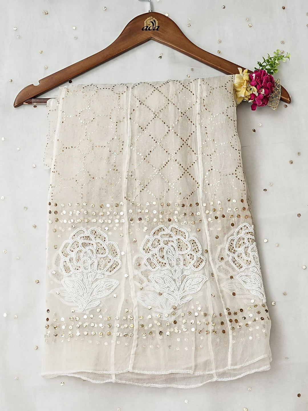 Ada Hand Embroidered Off White Organza Semi-stitched Anarkali Kurta Dupatta Set With Muqaish/Mukaish Work 01A972553
