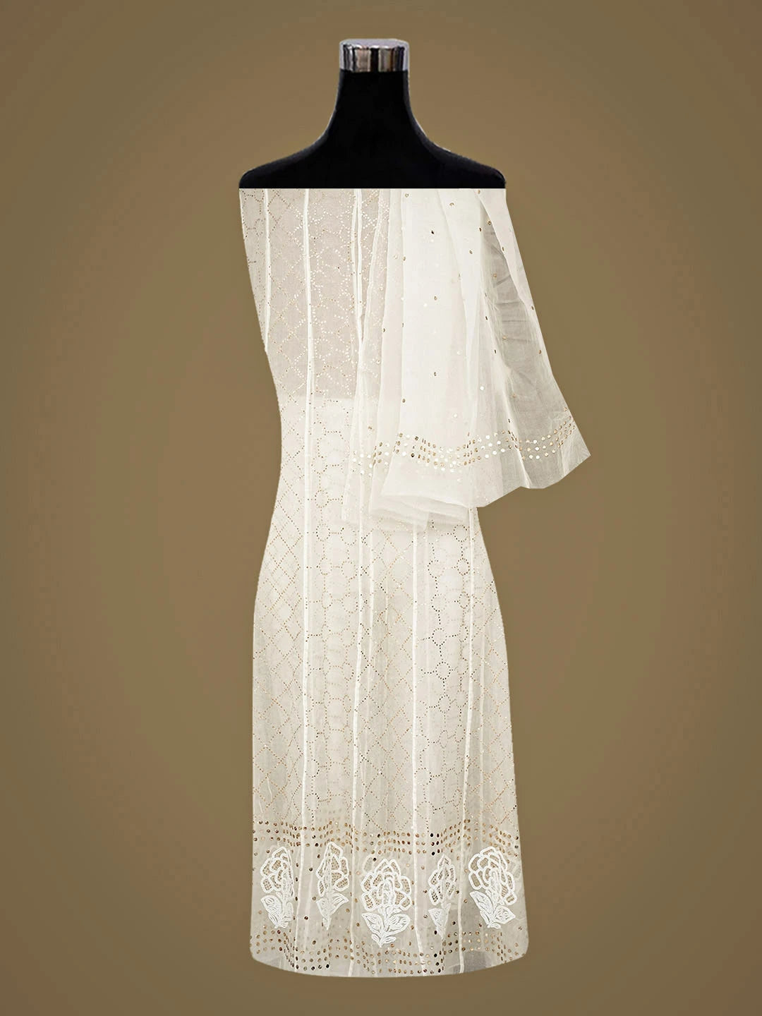Ada Hand Embroidered Off White Organza Semi-stitched Anarkali Kurta Dupatta Set With Muqaish/Mukaish Work 01A972553