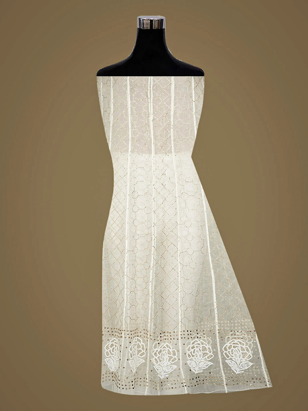 Ada Hand Embroidered Off White Organza Semi-stitched Anarkali Kurta Dupatta Set With Muqaish/Mukaish Work 01A972553