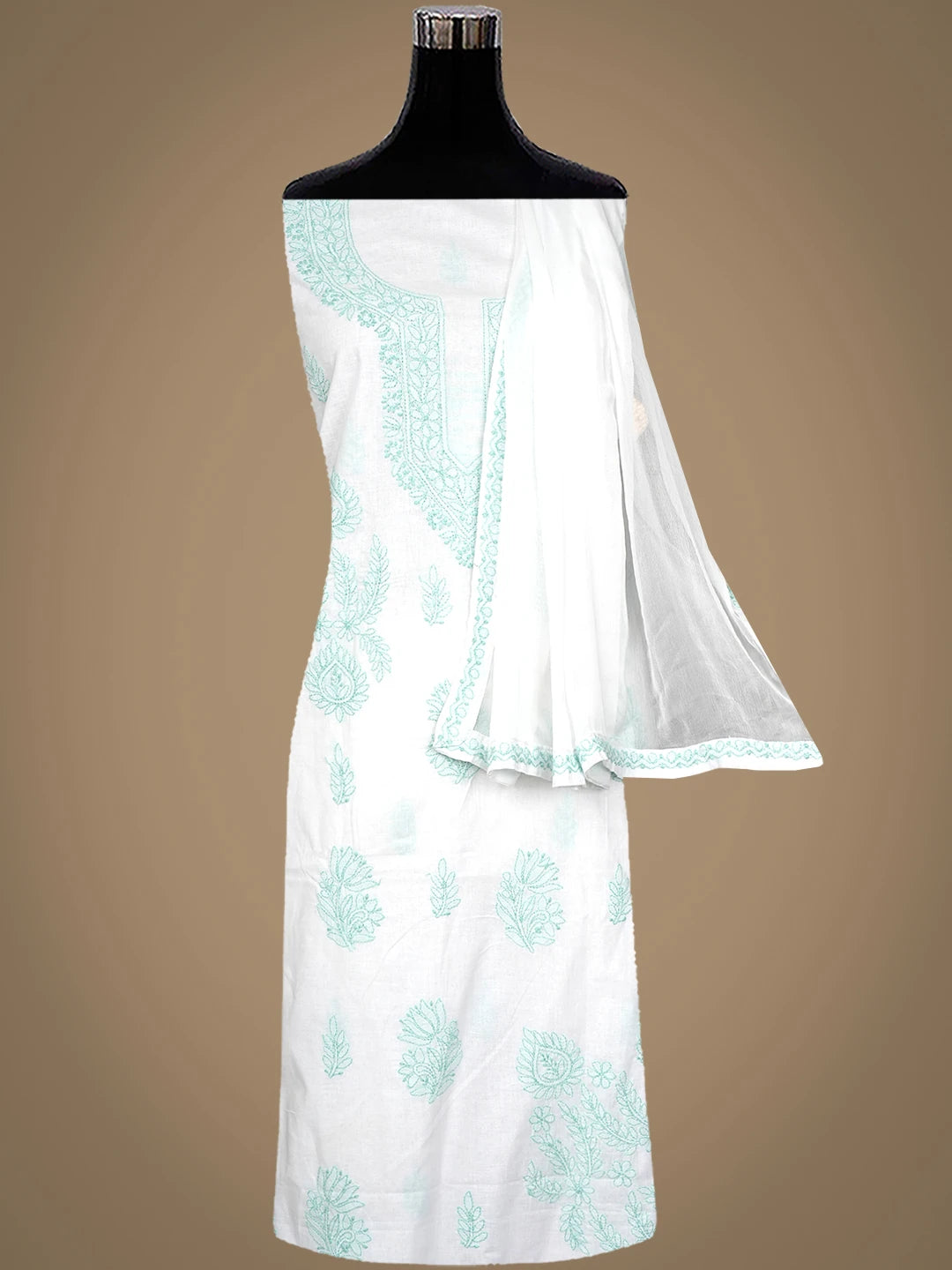 Ada Hand Embroidered White Cotton Lucknowi Chikankari Unstitched Suit Piece With Chiffon Dupatta 01A981781