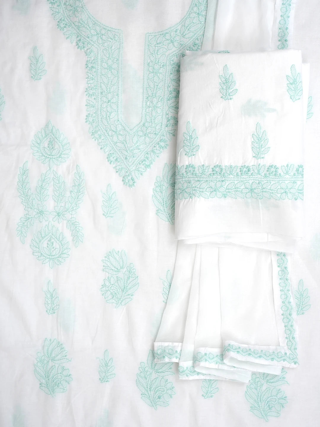 Ada Hand Embroidered White Cotton Lucknowi Chikankari Unstitched Suit Piece With Chiffon Dupatta 01A981781
