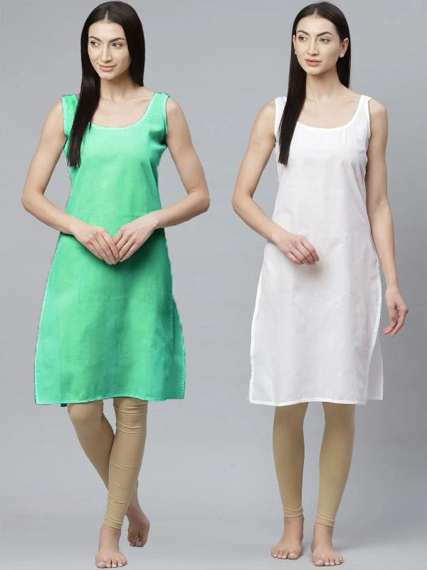 Ada Sea Green and White Cotton Long Slips Combo of 2 A295023.