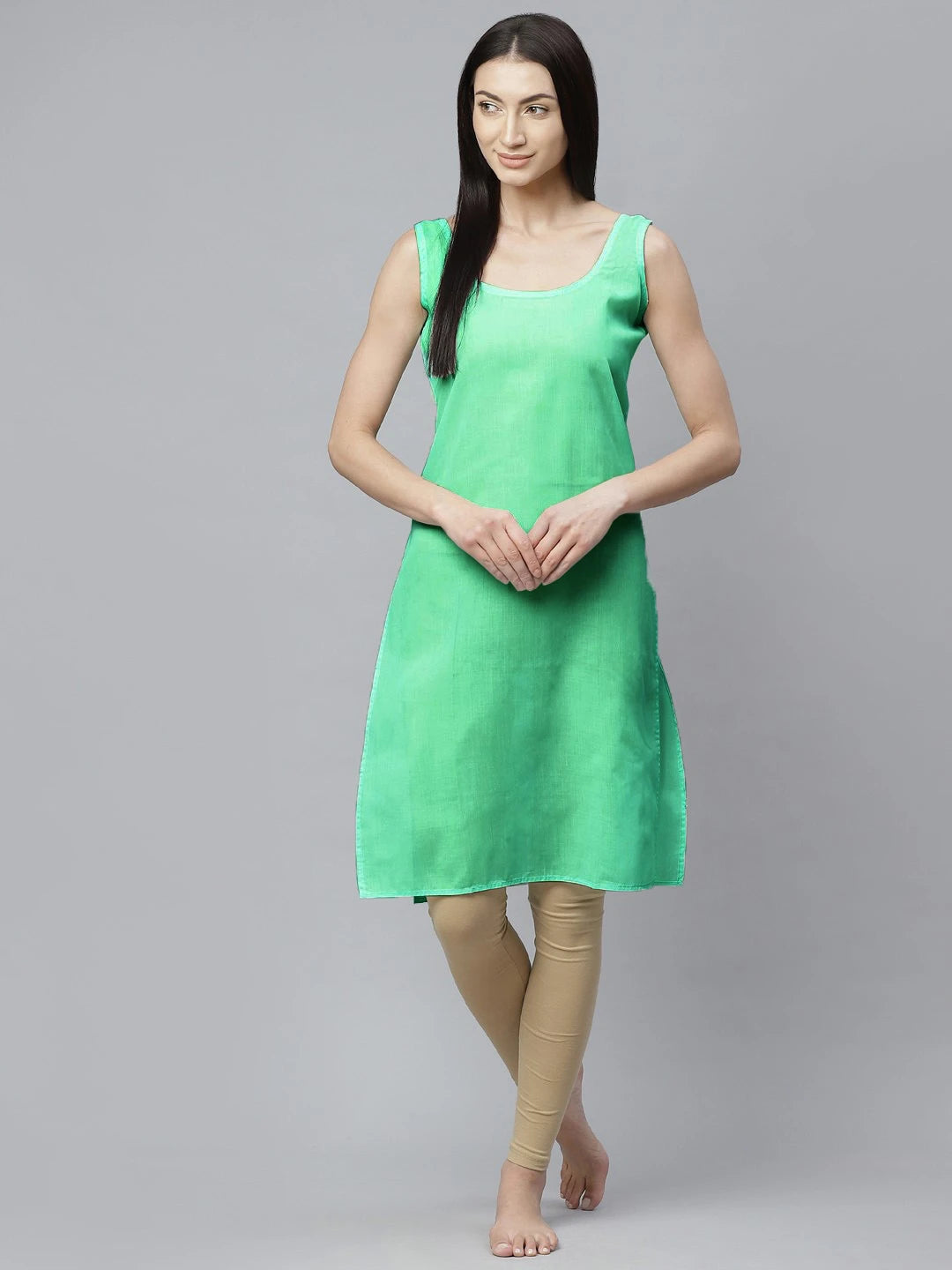 Ada Sea Green and White Cotton Long Slips Combo of 2 A295023.