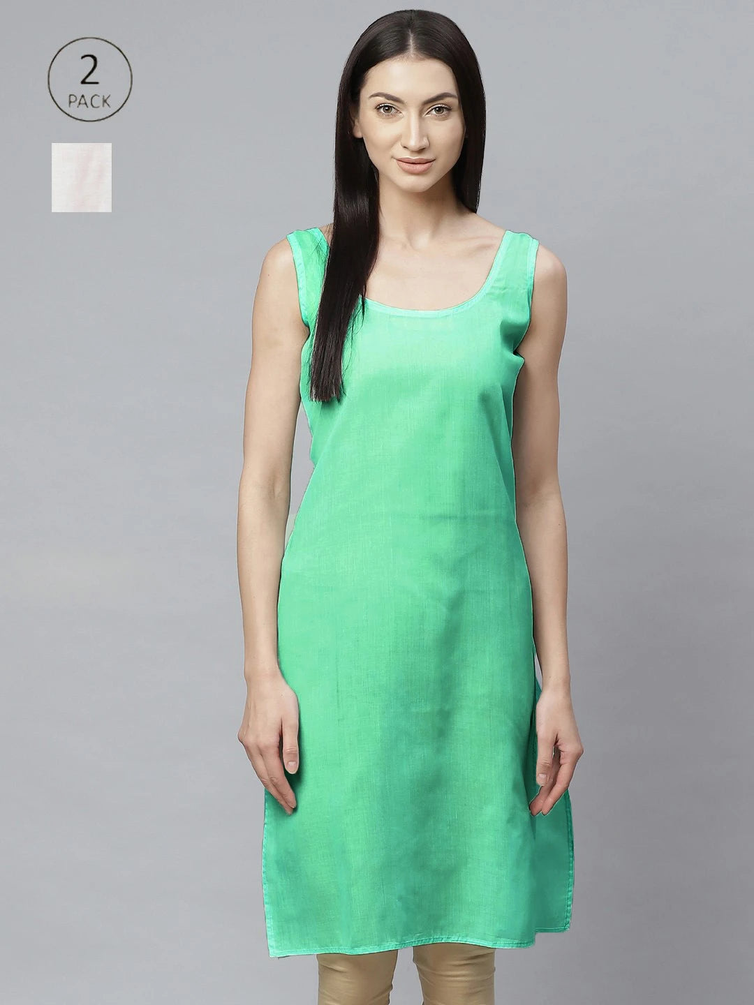 Ada Sea Green and White Cotton Long Slips Combo of 2 A295023.