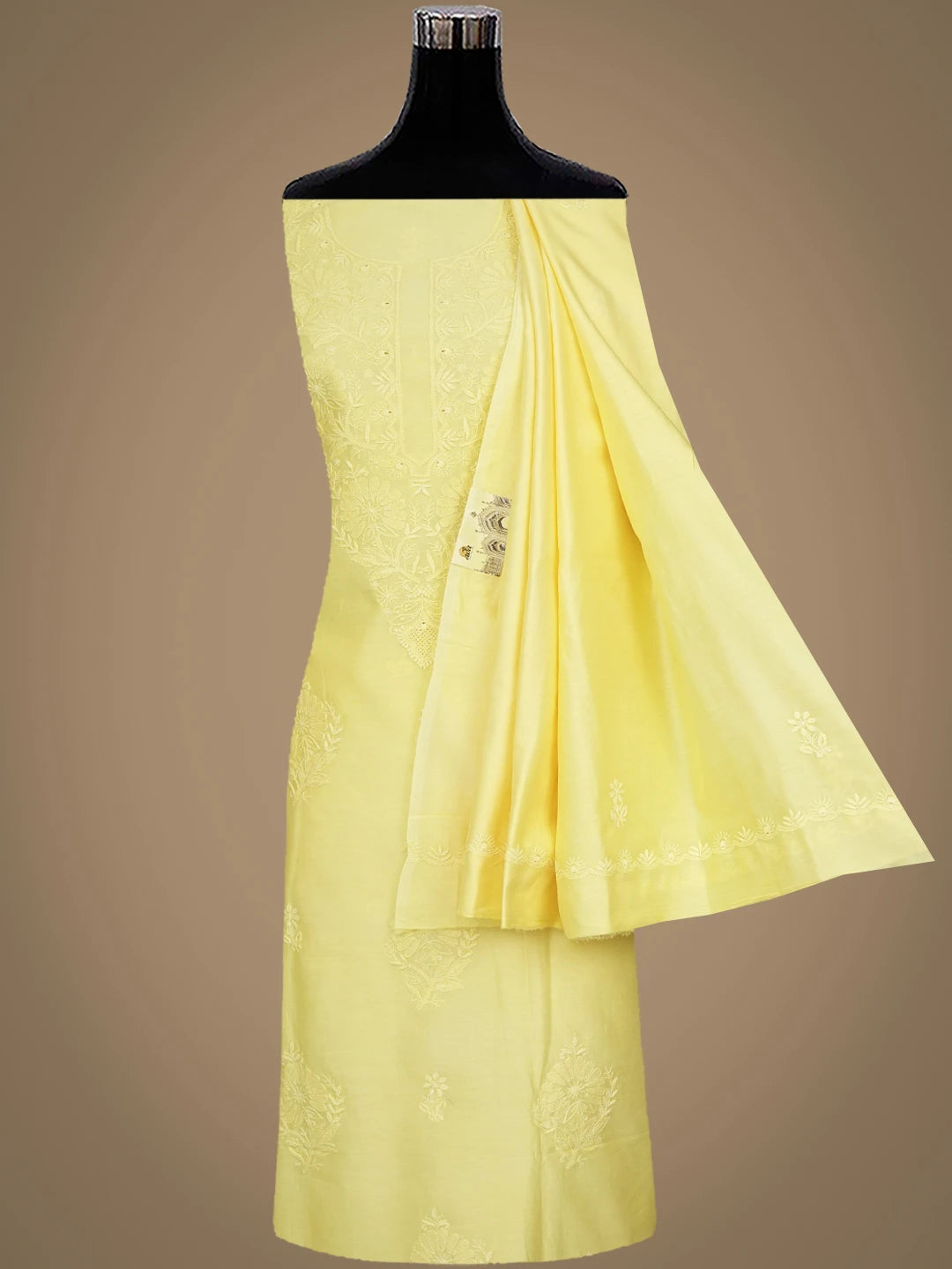 Ada Hand Embroidered Lemon Chanderi Lucknowi Chikankari Unstitched Kurta Dupatta Set 01A932530