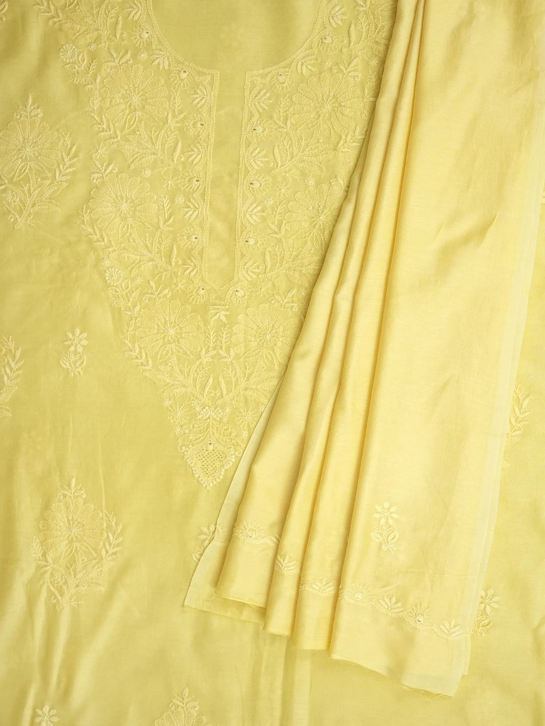 Ada Hand Embroidered Lemon Chanderi Lucknowi Chikankari Unstitched Kurta Dupatta Set 01A932530