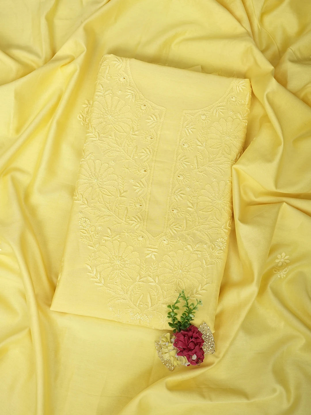 Ada Hand Embroidered Lemon Chanderi Lucknowi Chikankari Unstitched Kurta Dupatta Set 01A932530