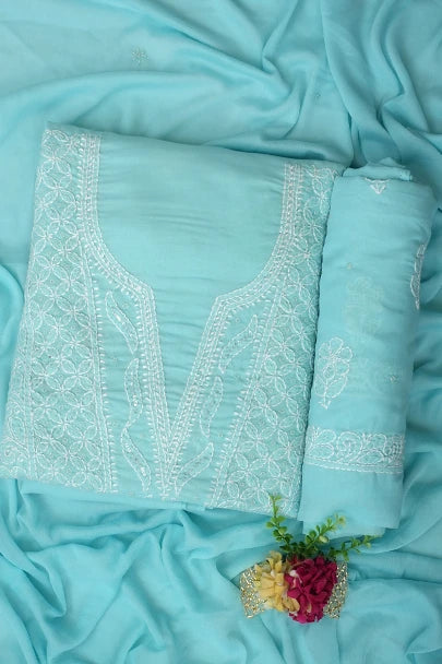 Ada Hand Embroidered Blue Cotton Lucknowi Chikankari Unstitched Suit Piece With Cutdana Work 01A751966