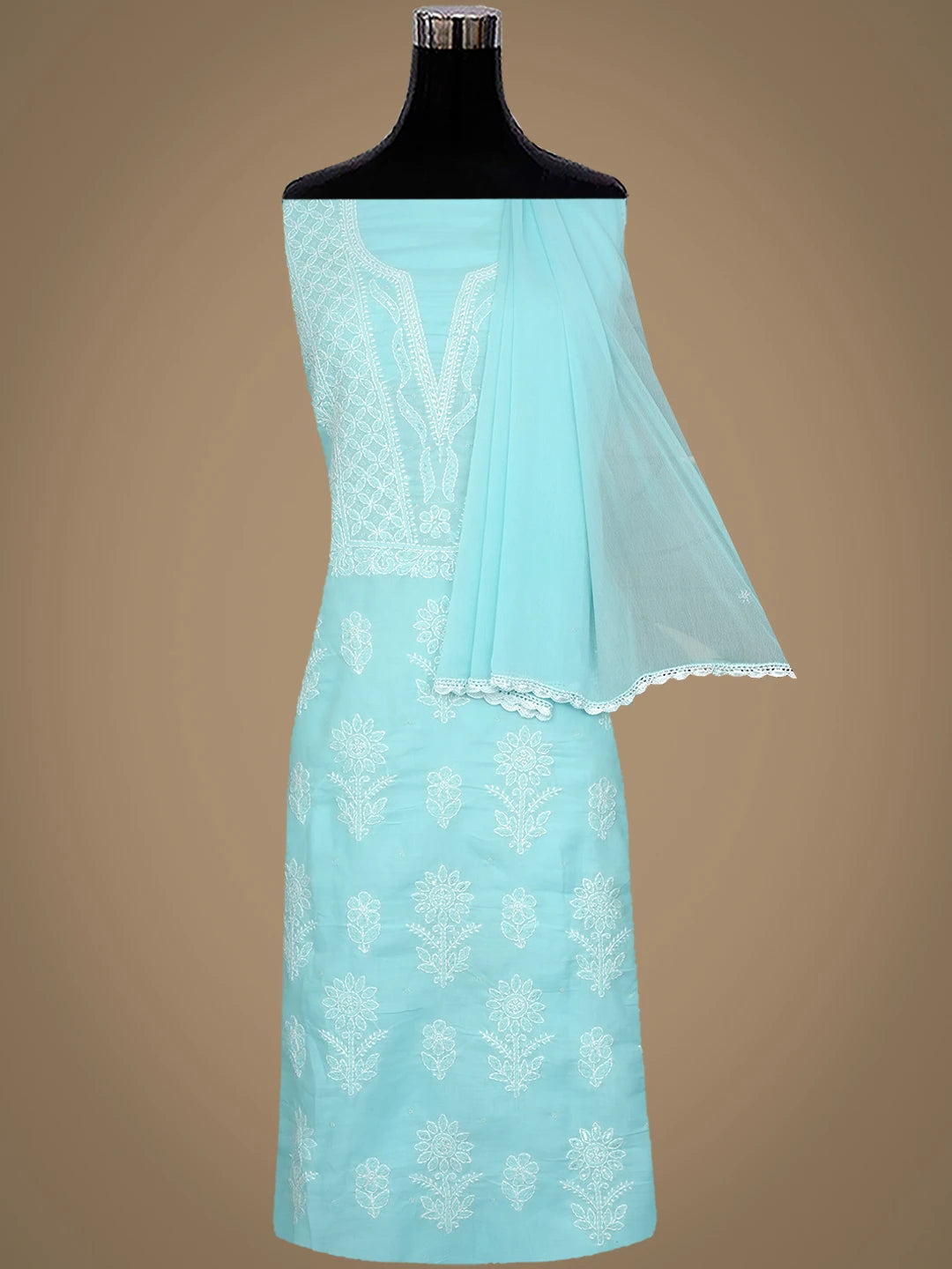 Ada Hand Embroidered Blue Cotton Lucknowi Chikankari Unstitched Suit Piece With Cutdana Work 01A751966