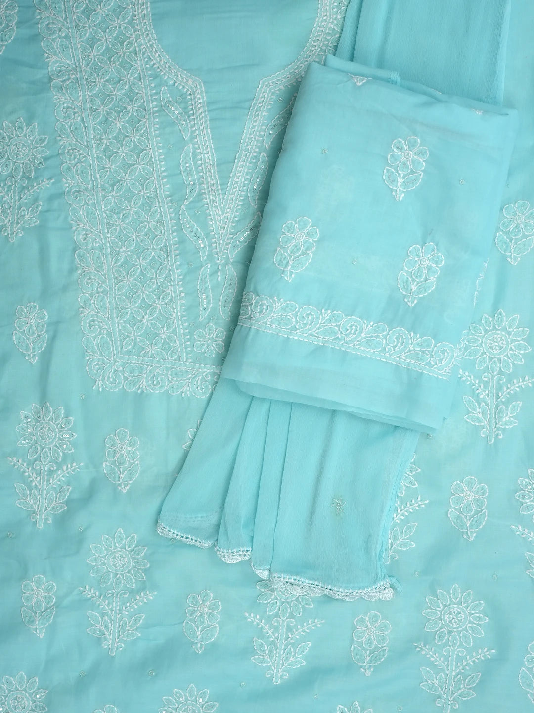 Ada Hand Embroidered Blue Cotton Lucknowi Chikankari Unstitched Suit Piece With Cutdana Work 01A751966