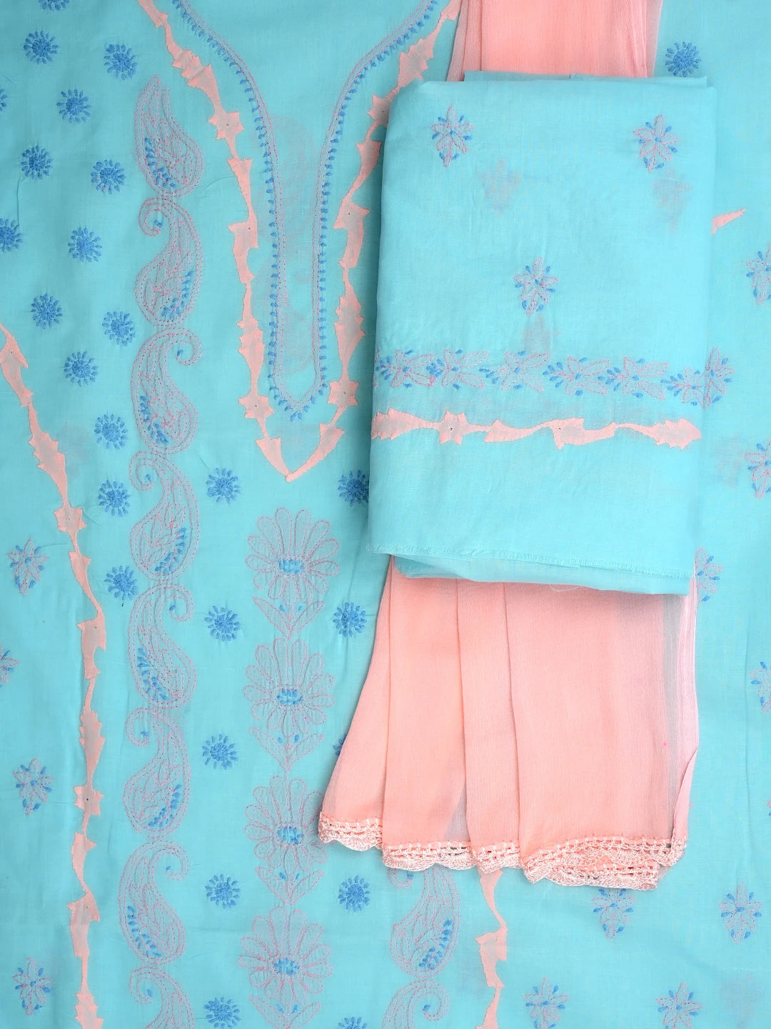 Ada Hand Embroidered Blue Cotton Lucknowi Chikankari Unstitched Suit Piece 01A966787
