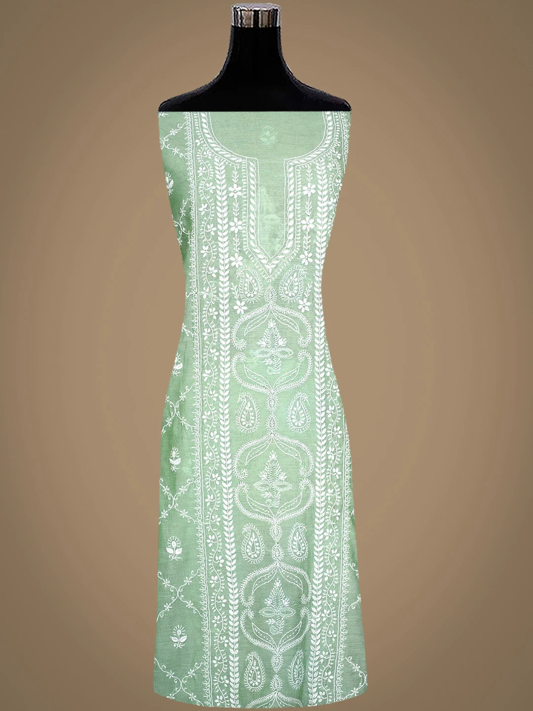 Ada Hand Embroidered Sea Green Chanderi Lucknowi Chikankari Unstitched Kurta Dupatta Set 01A980225