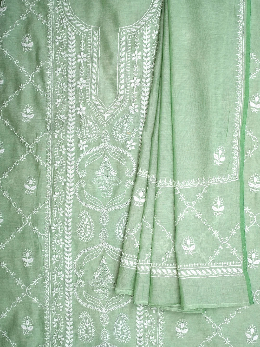 Ada Hand Embroidered Sea Green Chanderi Lucknowi Chikankari Unstitched Kurta Dupatta Set 01A980225