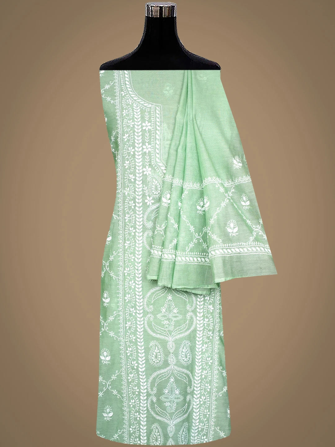 Ada Hand Embroidered Sea Green Chanderi Lucknowi Chikankari Unstitched Kurta Dupatta Set 01A980225