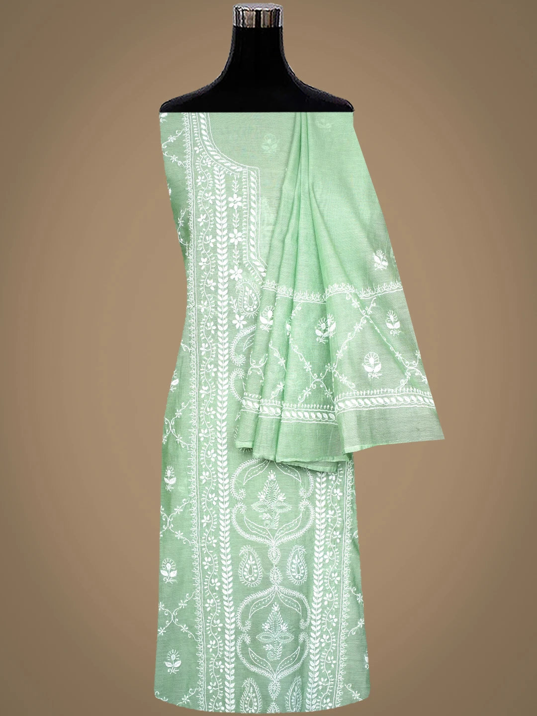 Ada Hand Embroidered Sea Green Chanderi Lucknowi Chikankari Unstitched Kurta Dupatta Set 01A980225