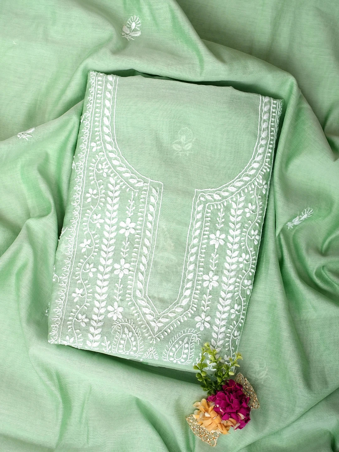 Ada Hand Embroidered Sea Green Chanderi Lucknowi Chikankari Unstitched Kurta Dupatta Set 01A980225