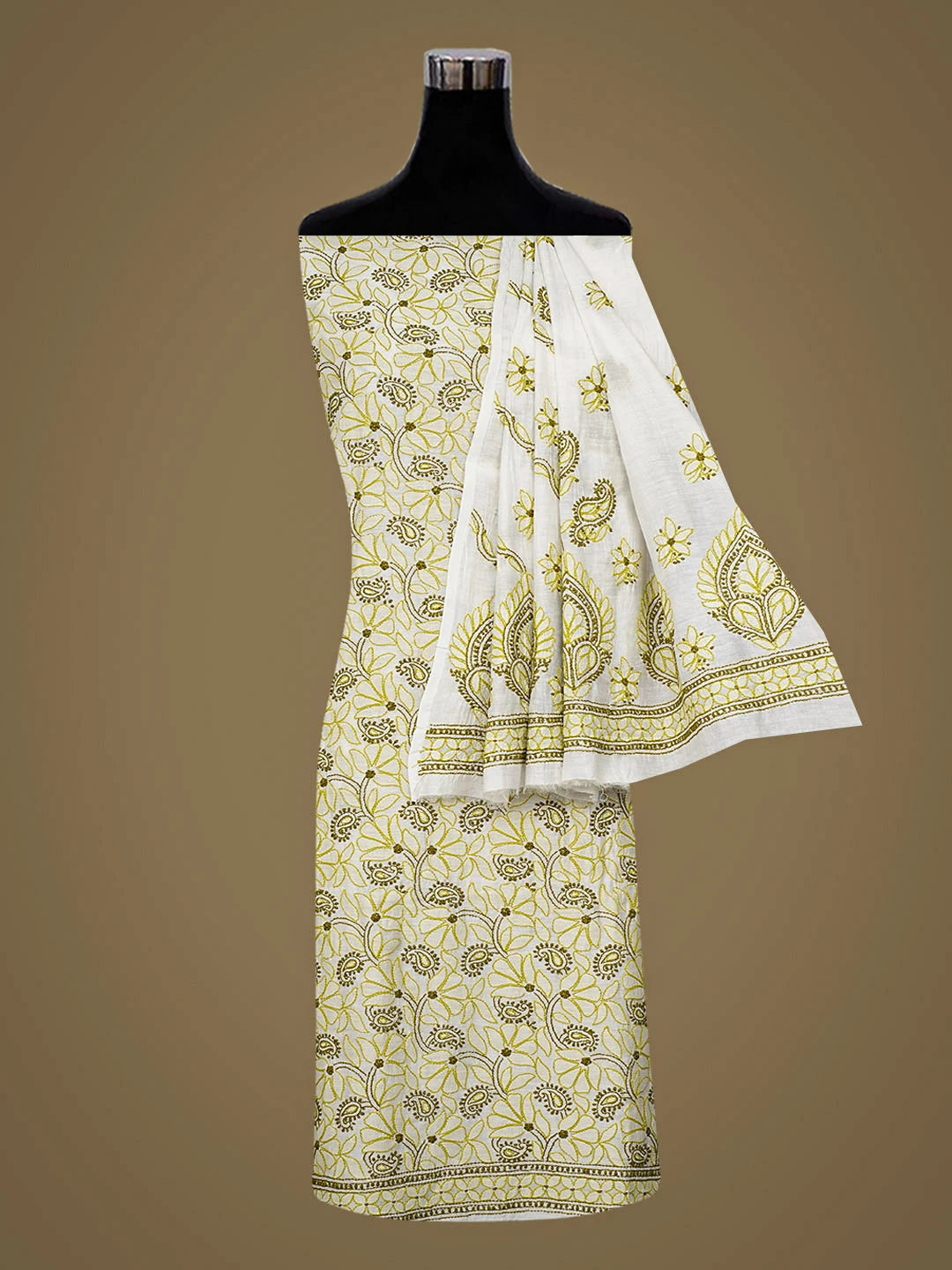 Ada Hand Embroidered White Chanderi Lucknowi Chikankari Unstitched Kurta Dupatta Set 01A980413