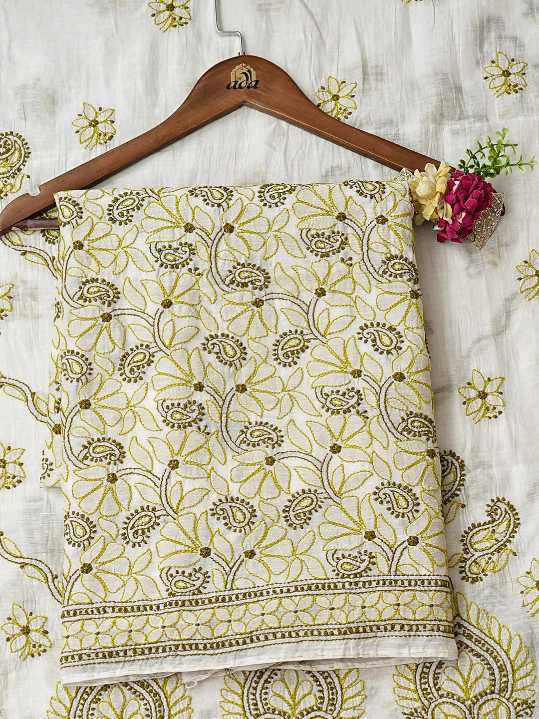 Ada Hand Embroidered White Chanderi Lucknowi Chikankari Unstitched Kurta Dupatta Set 01A980413