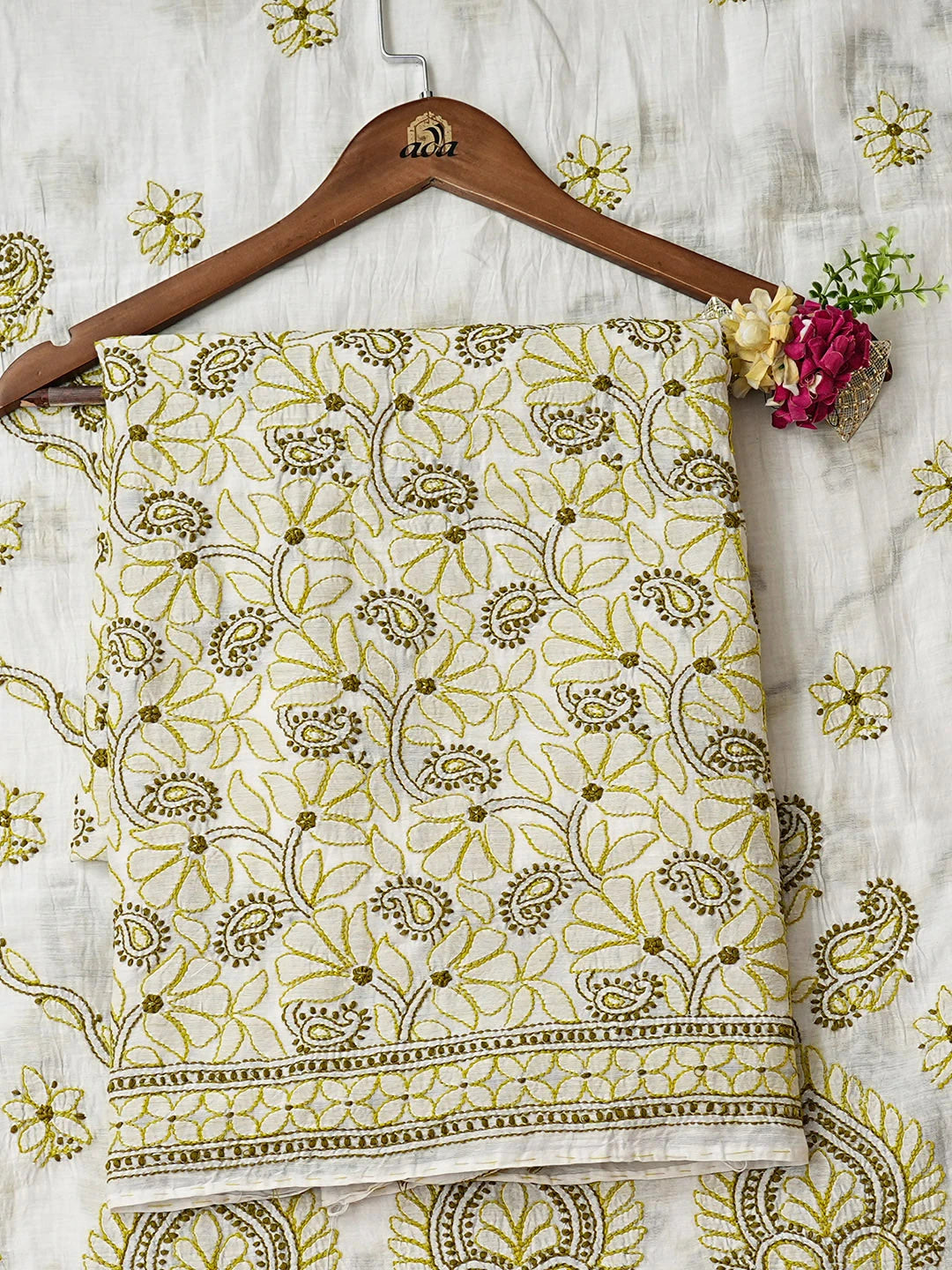 Ada Hand Embroidered White Chanderi Lucknowi Chikankari Unstitched Kurta Dupatta Set 01A980413
