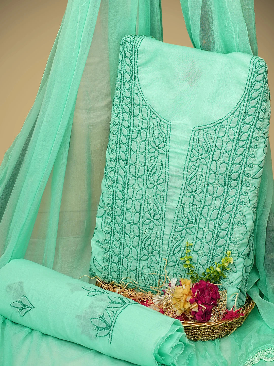 Ada Hand Embroidered Sea Green Cotton Lucknowi Chikankari Unstitched Suit Piece With Chiffon Dupatta 01A963521