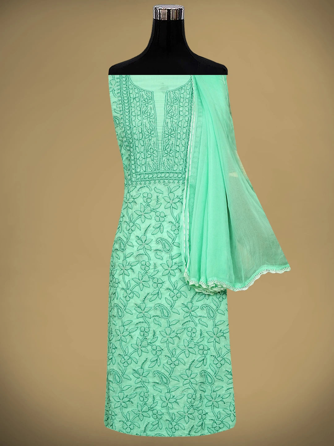 Ada Hand Embroidered Sea Green Cotton Lucknowi Chikankari Unstitched Suit Piece With Chiffon Dupatta 01A963521