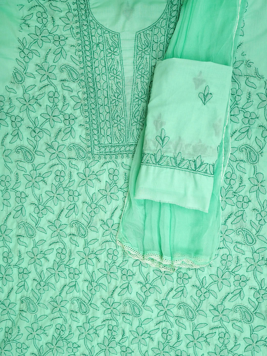 Ada Hand Embroidered Sea Green Cotton Lucknowi Chikankari Unstitched Suit Piece With Chiffon Dupatta 01A963521