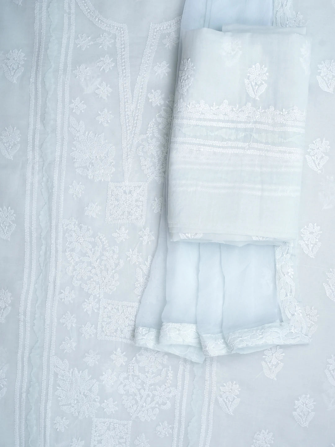 Ada Hand Embroidered Ice Blue Cotton Lucknowi Chikankari Unstitched Suit Piece 01A954332