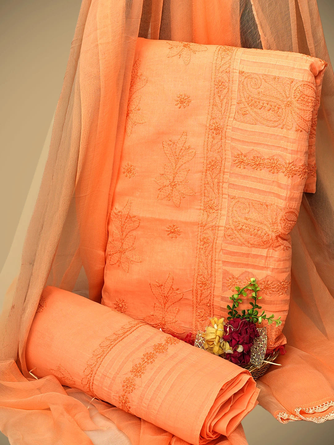 Ada Hand Embroidered Peach Cotton Lucknowi Chikankari Unstitched Suit Piece With Chiffon Dupatta 01A981332