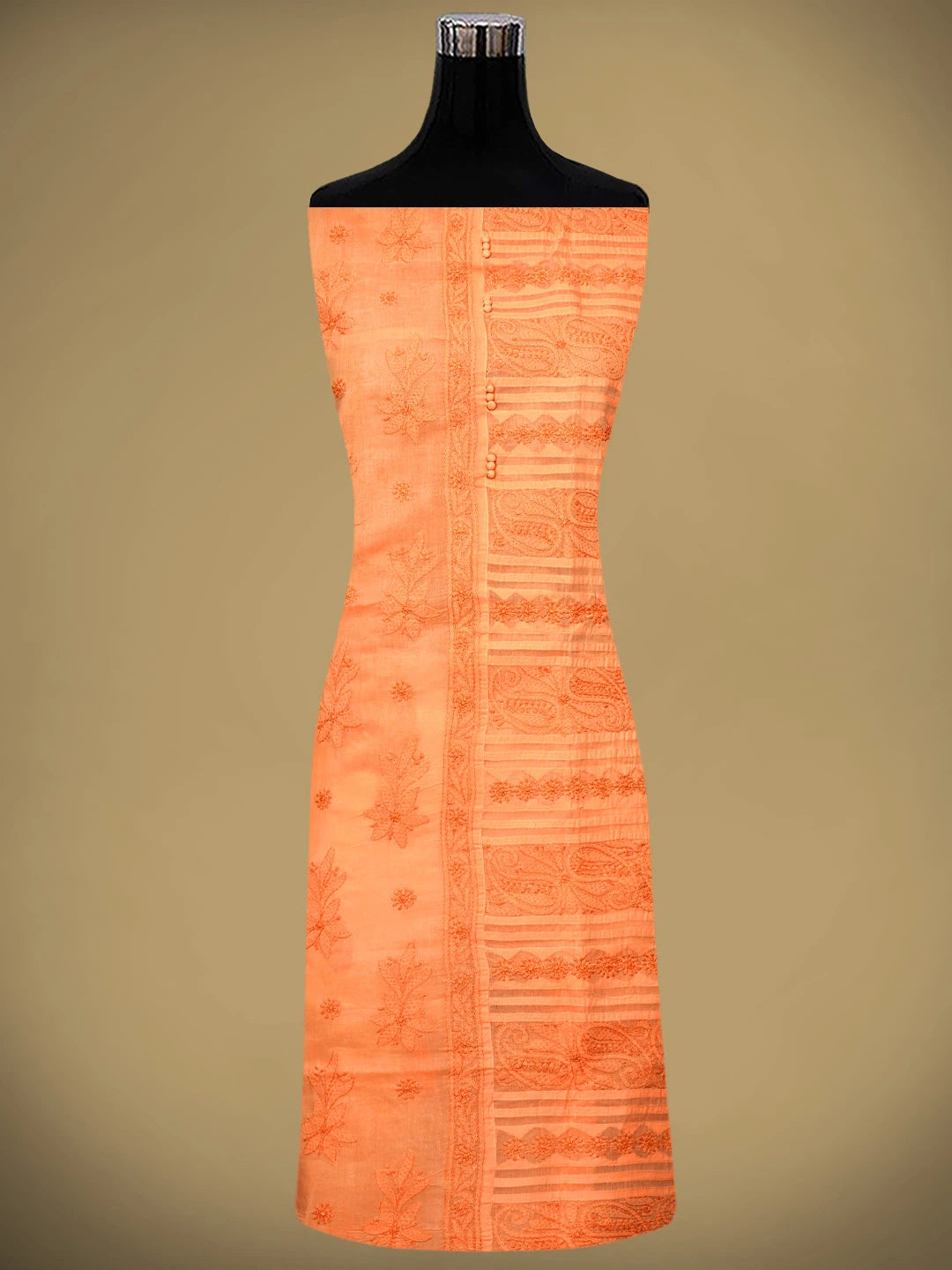 Ada Hand Embroidered Peach Cotton Lucknowi Chikankari Unstitched Suit Piece With Chiffon Dupatta 01A981332