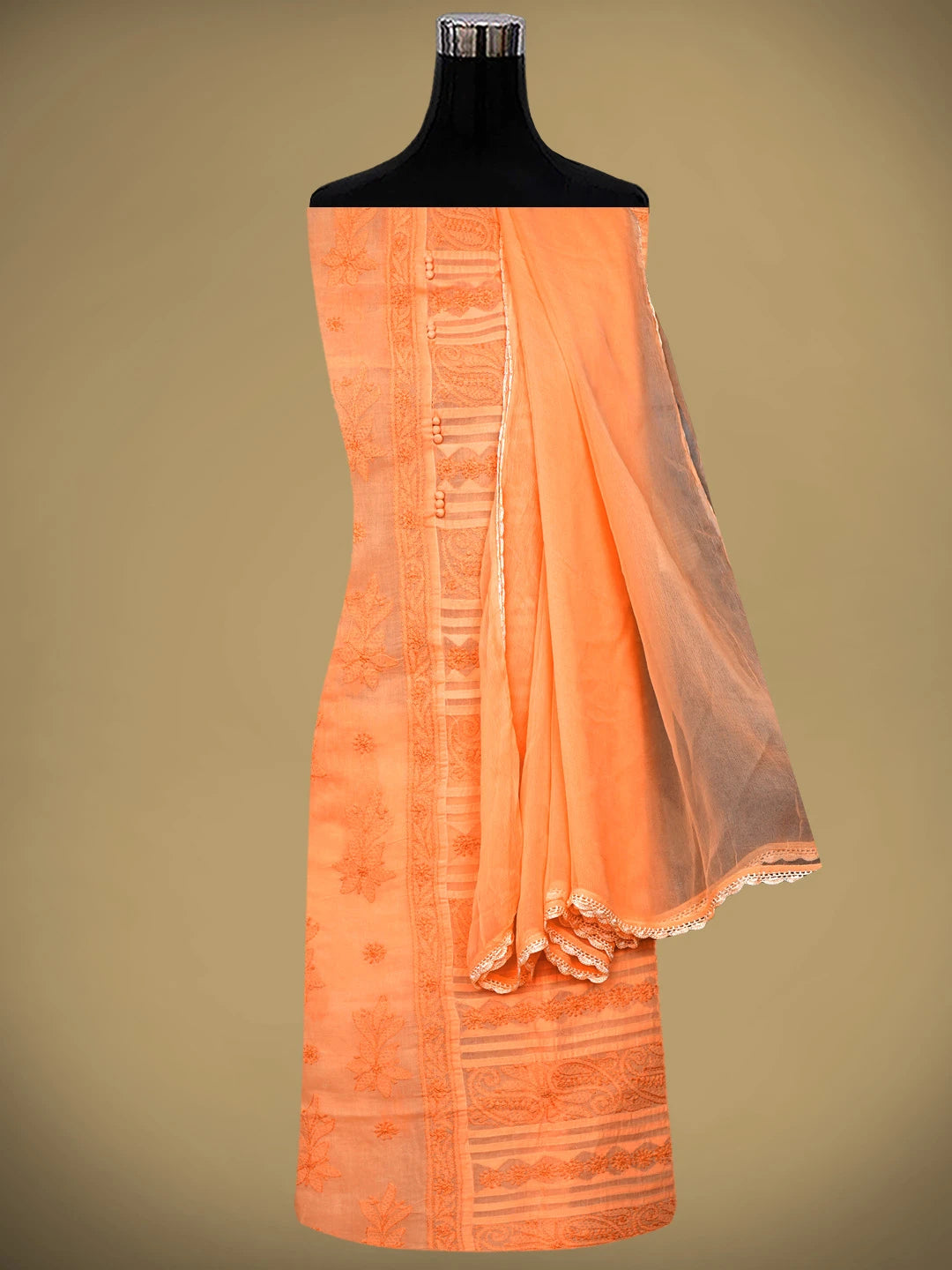 Ada Hand Embroidered Peach Cotton Lucknowi Chikankari Unstitched Suit Piece With Chiffon Dupatta 01A981332