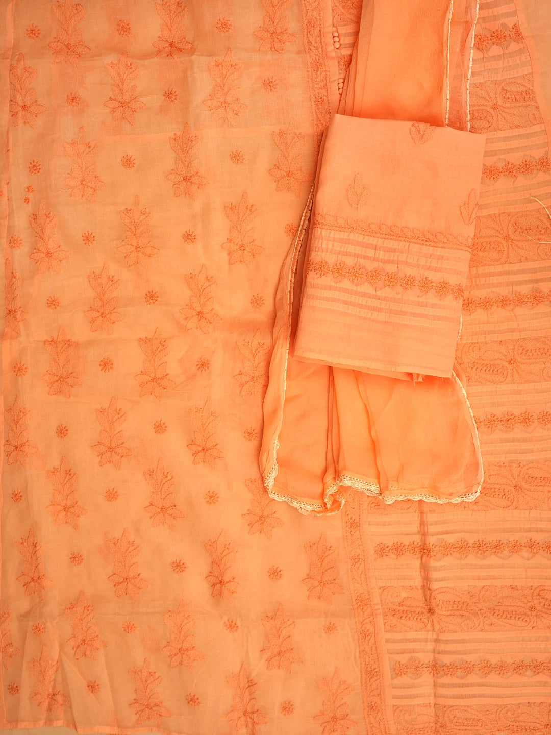 Ada Hand Embroidered Peach Cotton Lucknowi Chikankari Unstitched Suit Piece With Chiffon Dupatta 01A981332