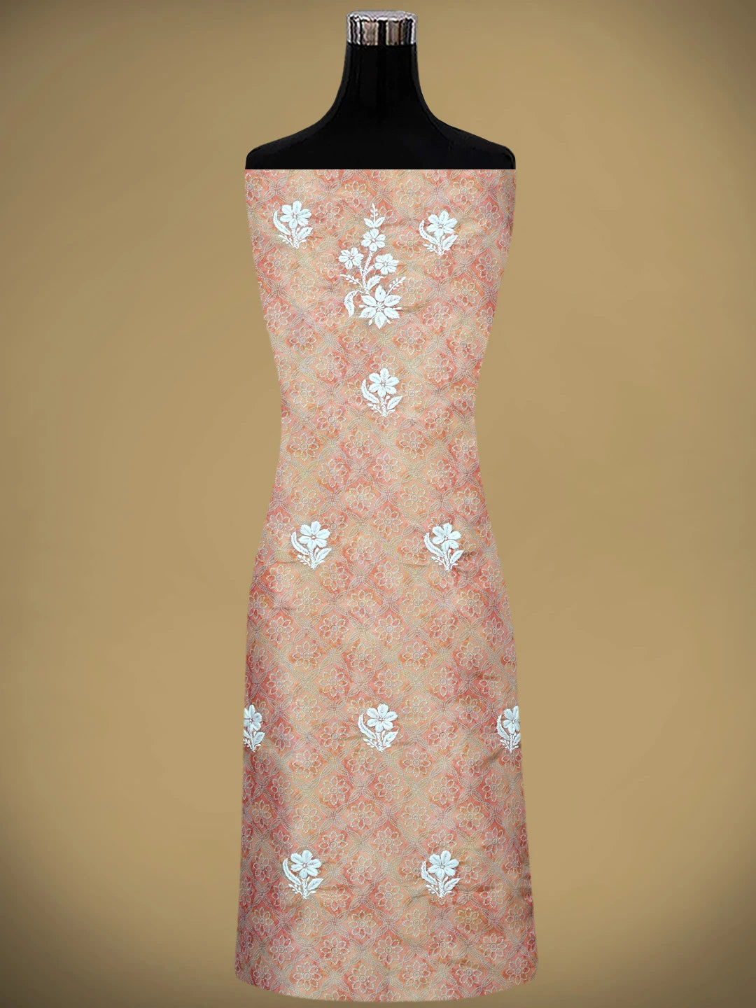 Ada Hand Embroidered Floral Printed Dusty Peach Tissue Lucknowi Chikankari Unstitched Kurta Dupatta Set 01A980031