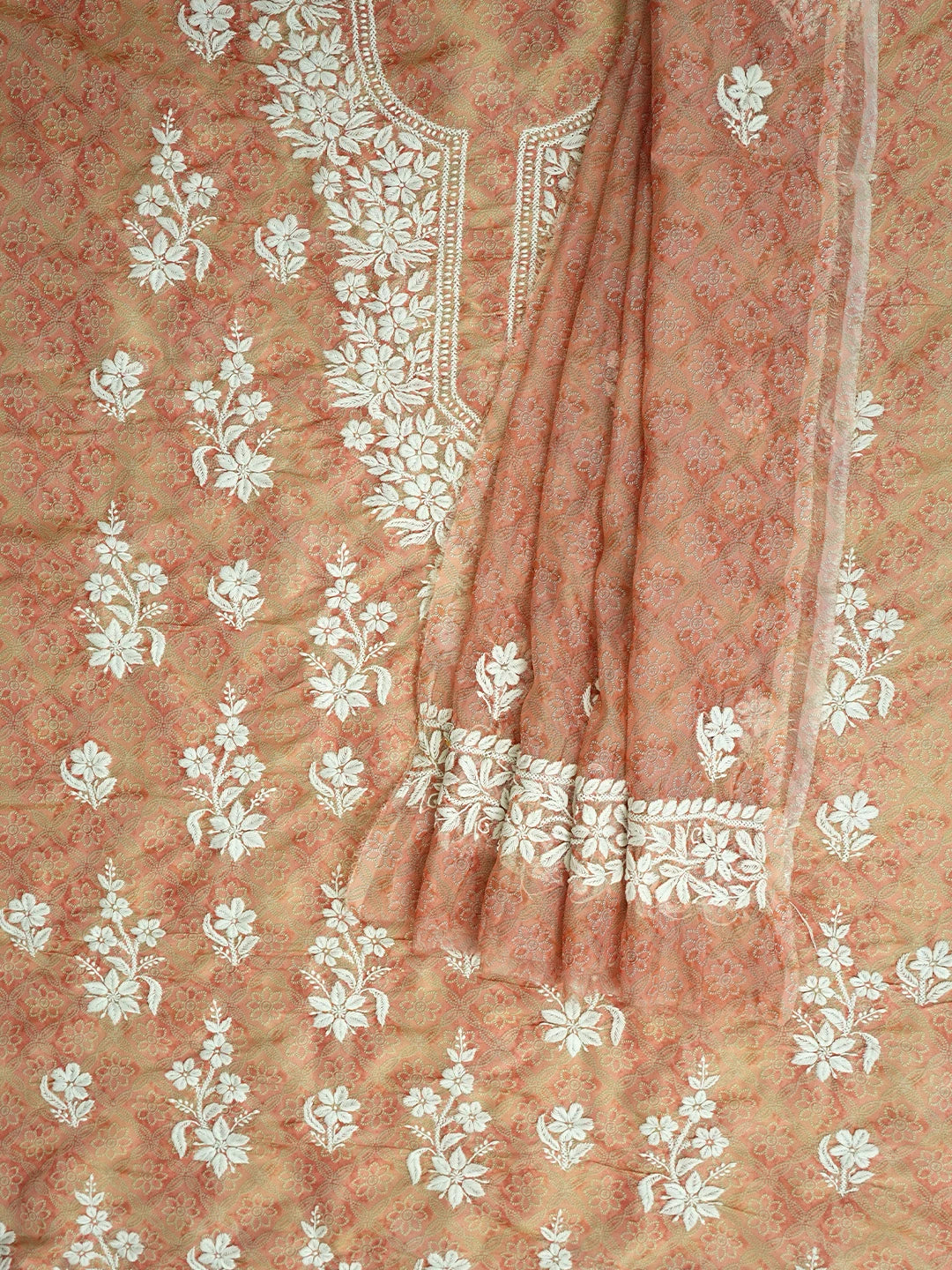 Ada Hand Embroidered Floral Printed Dusty Peach Tissue Lucknowi Chikankari Unstitched Kurta Dupatta Set 01A980031