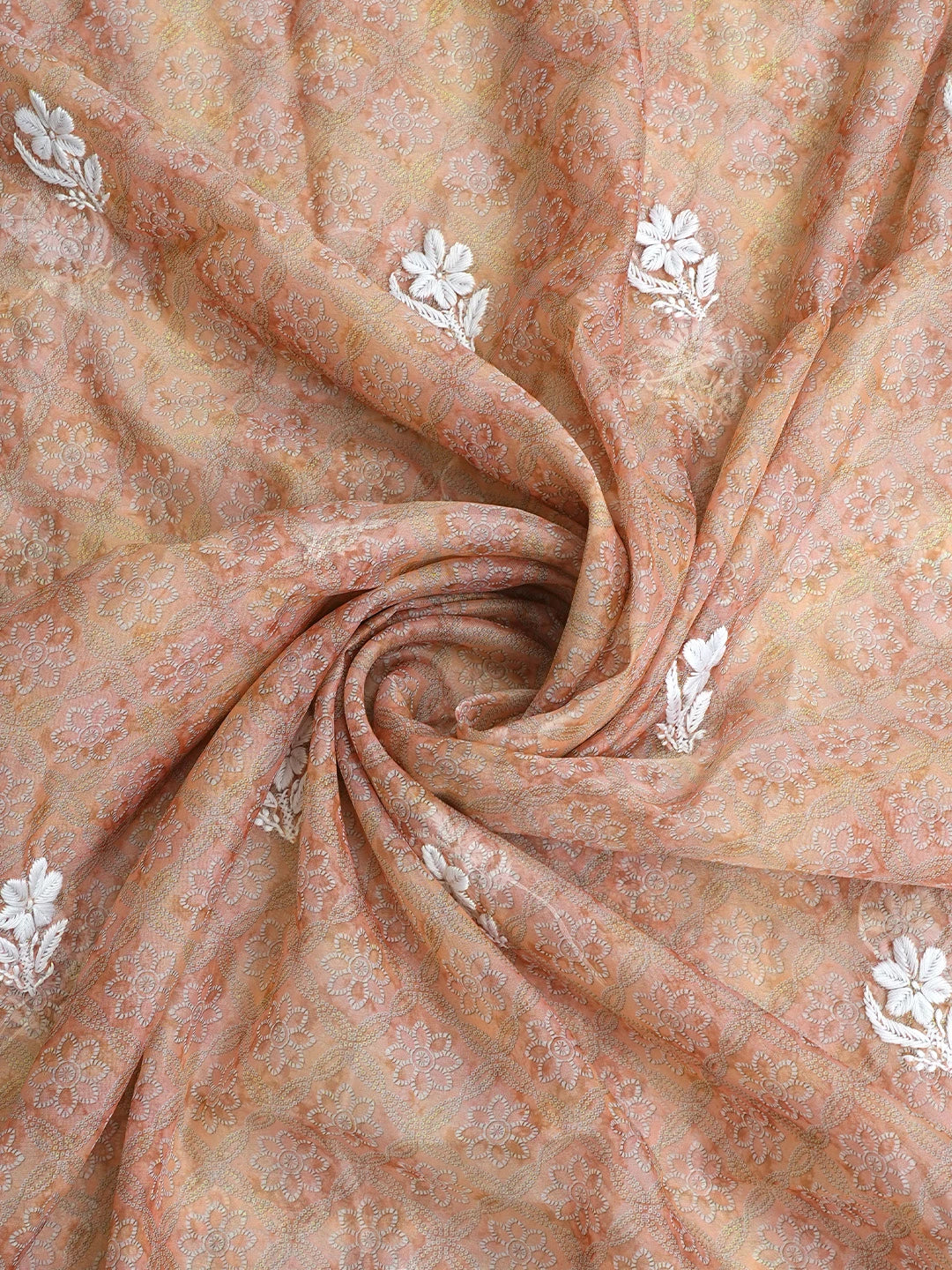 Ada Hand Embroidered Floral Printed Dusty Peach Tissue Lucknowi Chikankari Unstitched Kurta Dupatta Set 01A980031