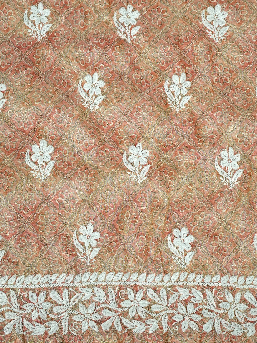 Ada Hand Embroidered Floral Printed Dusty Peach Tissue Lucknowi Chikankari Unstitched Kurta Dupatta Set 01A980031