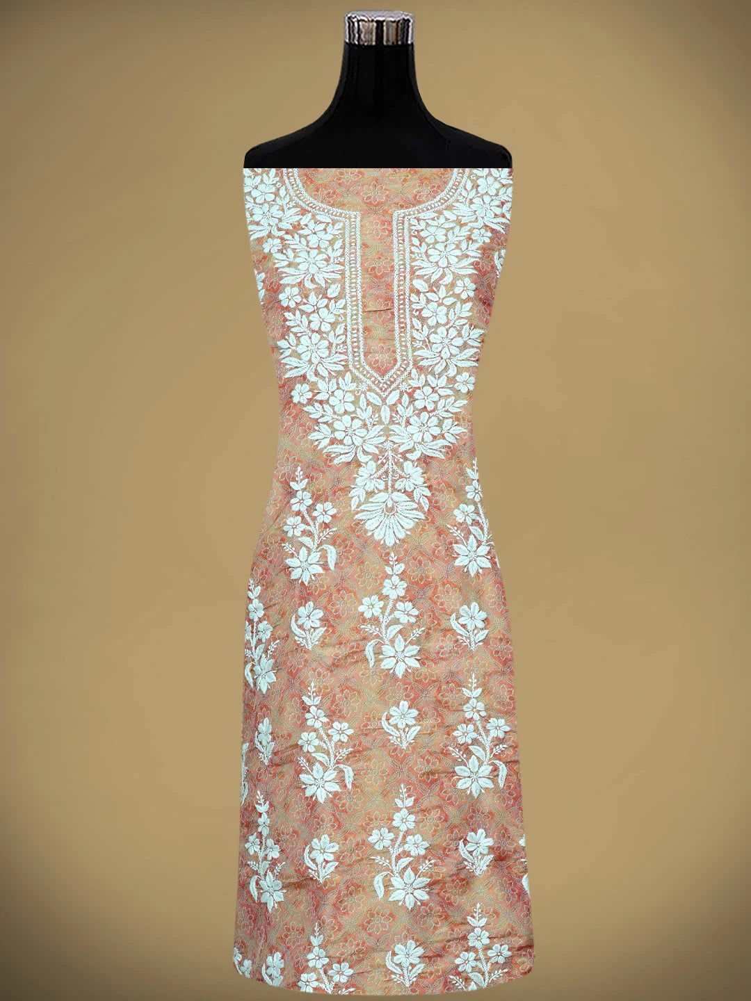 Ada Hand Embroidered Floral Printed Dusty Peach Tissue Lucknowi Chikankari Unstitched Kurta Dupatta Set 01A980031