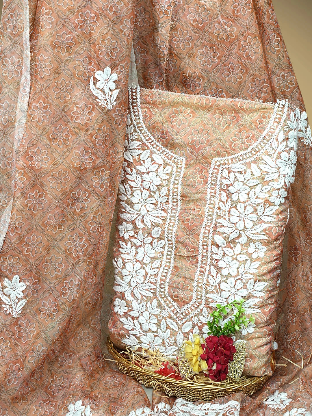Ada Hand Embroidered Floral Printed Dusty Peach Tissue Lucknowi Chikankari Unstitched Kurta Dupatta Set 01A980031