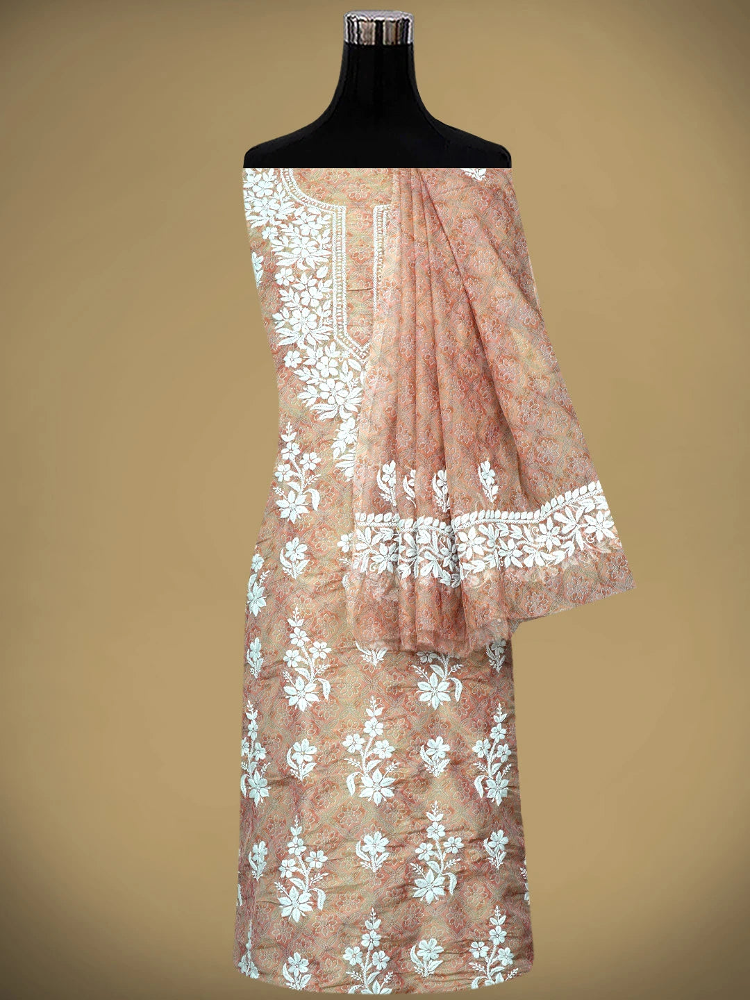 Ada Hand Embroidered Floral Printed Dusty Peach Tissue Lucknowi Chikankari Unstitched Kurta Dupatta Set 01A980031