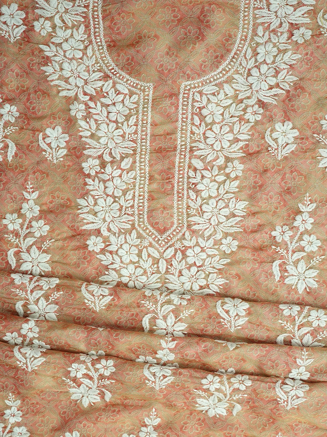 Ada Hand Embroidered Floral Printed Dusty Peach Tissue Lucknowi Chikankari Unstitched Kurta Dupatta Set 01A980031