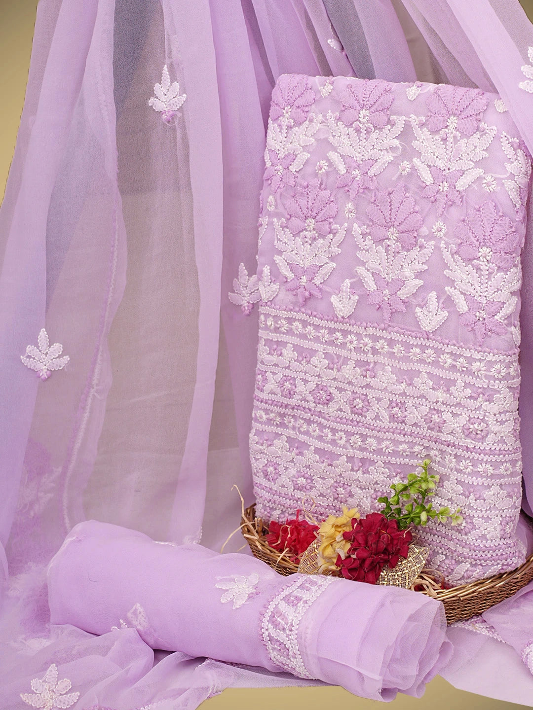 Ada Hand Embroidered Lavender Faux Georgette Lucknowi Chikankari Unstitched Suit Piece 01A977941