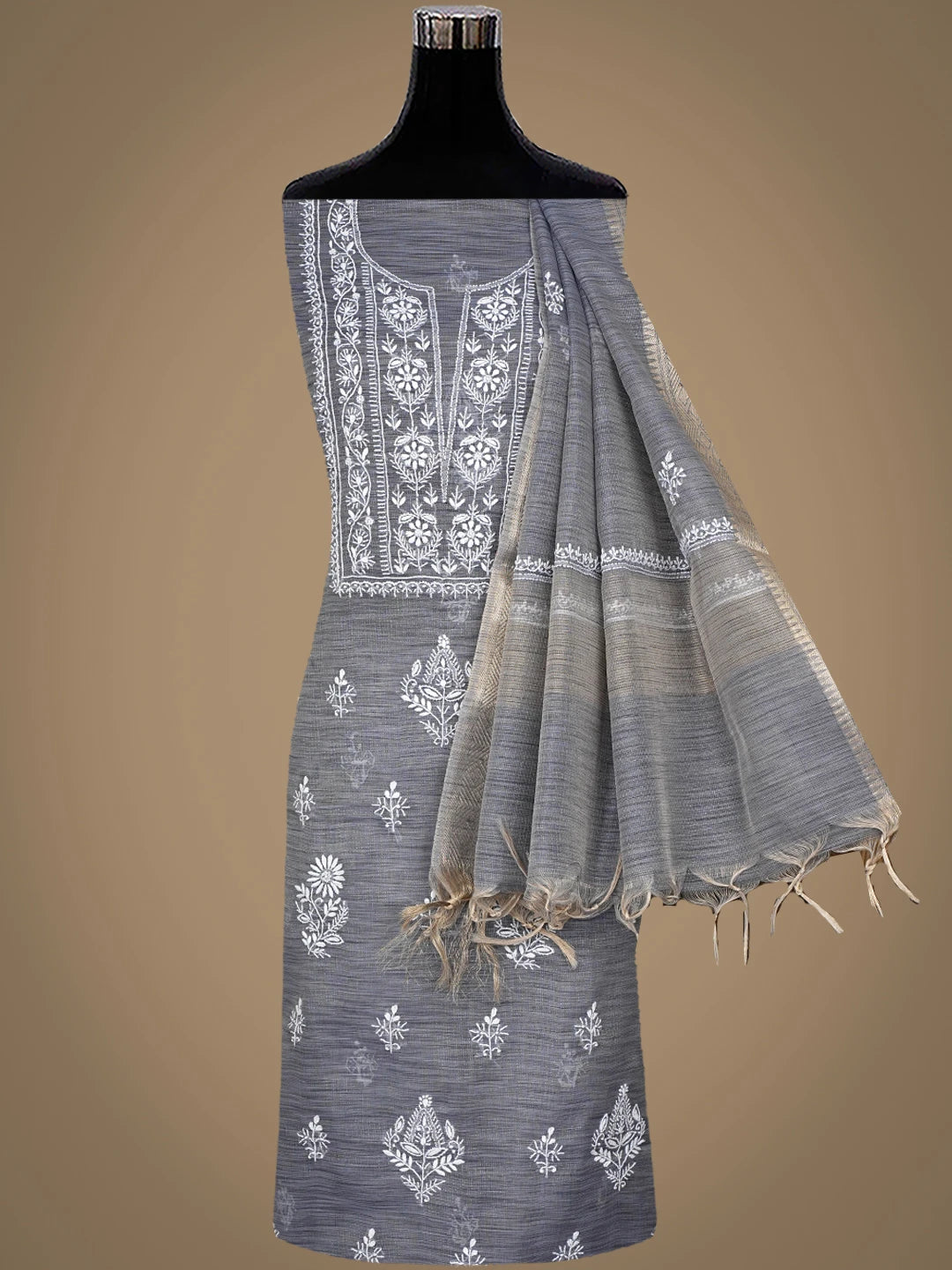 Ada Hand Embroidered Grey Tissue Lucknowi Chikankari Unstitched Kurta Dupatta Set 01A974699
