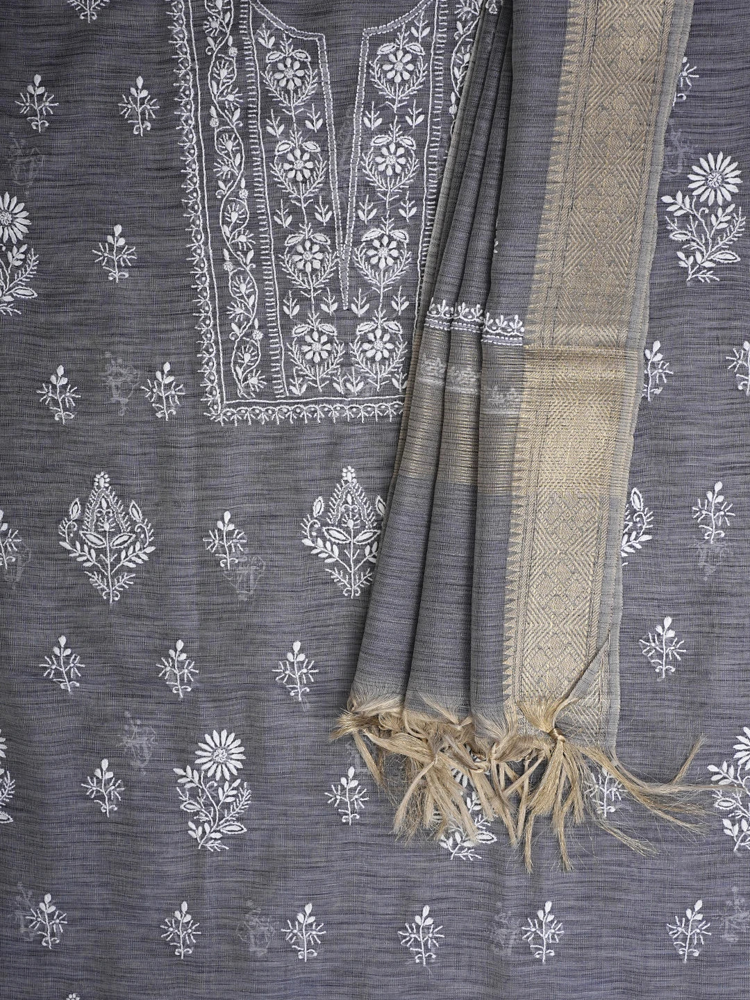 Ada Hand Embroidered Grey Tissue Lucknowi Chikankari Unstitched Kurta Dupatta Set 01A974699