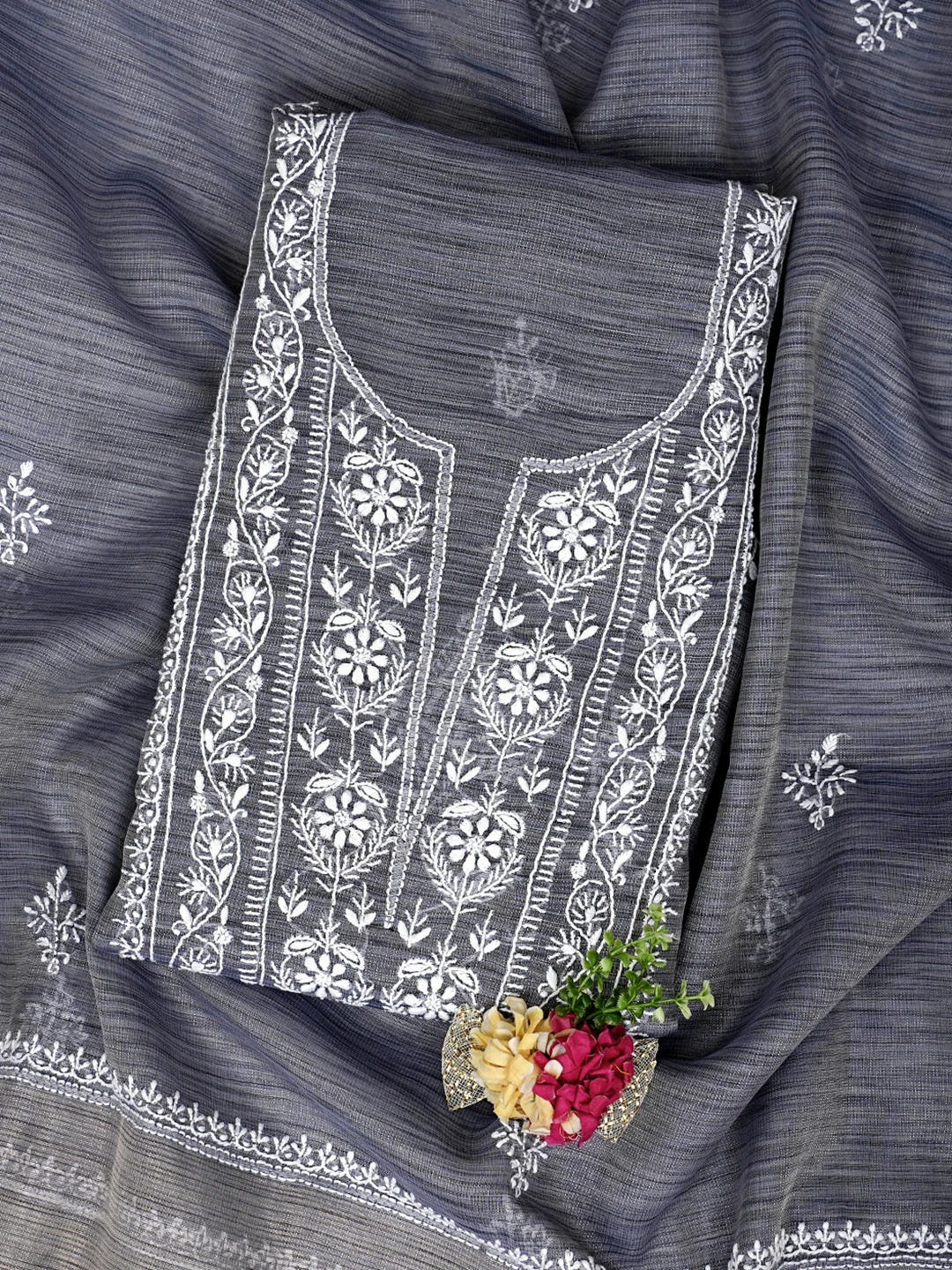 Ada Hand Embroidered Grey Tissue Lucknowi Chikankari Unstitched Kurta Dupatta Set 01A974699