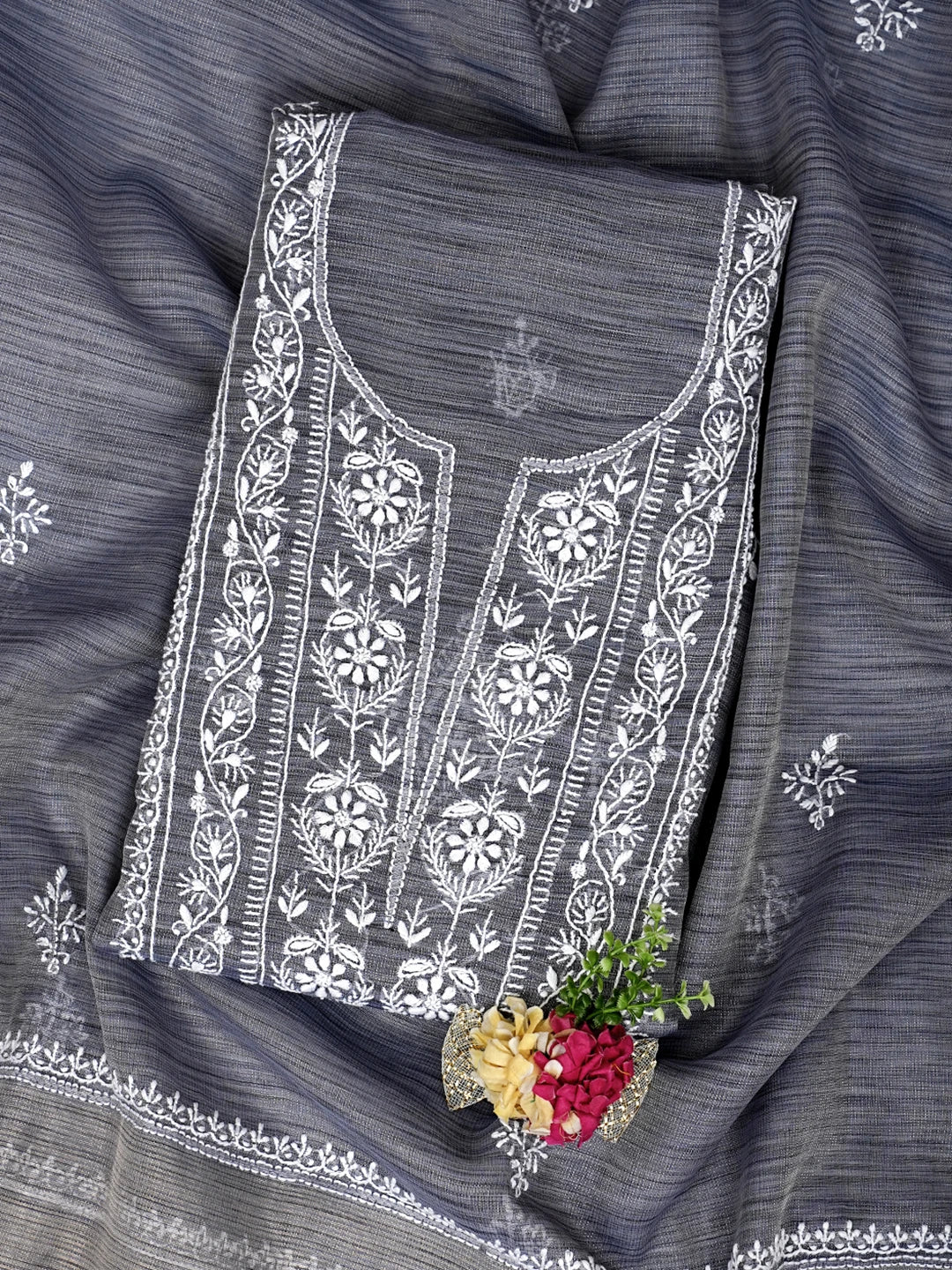 Ada Hand Embroidered Grey Tissue Lucknowi Chikankari Unstitched Kurta Dupatta Set 01A974699