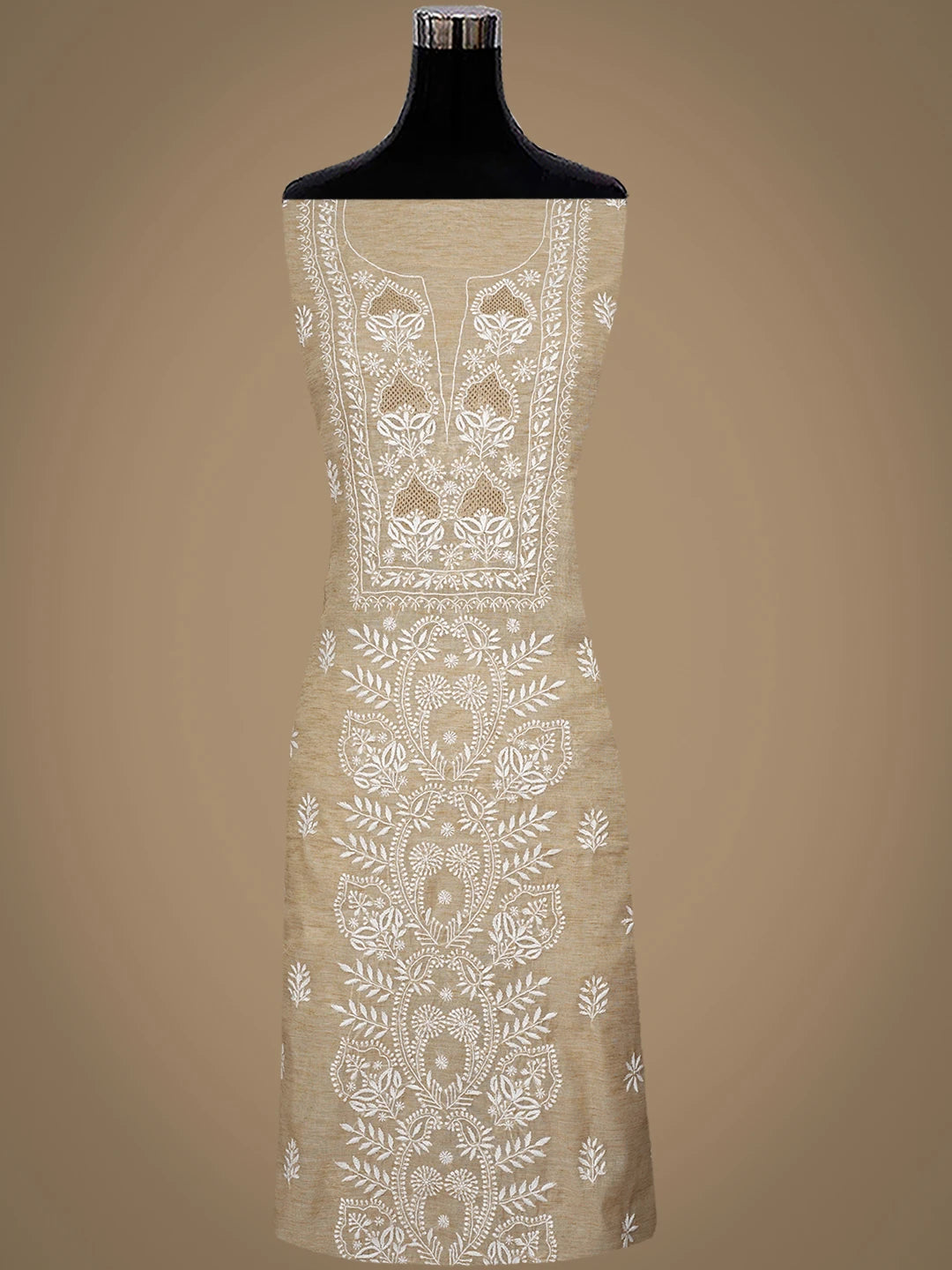 Ada Hand Embroidered Fawn Tissue Lucknowi Chikankari Unstitched Kurta Dupatta Set 01A974687