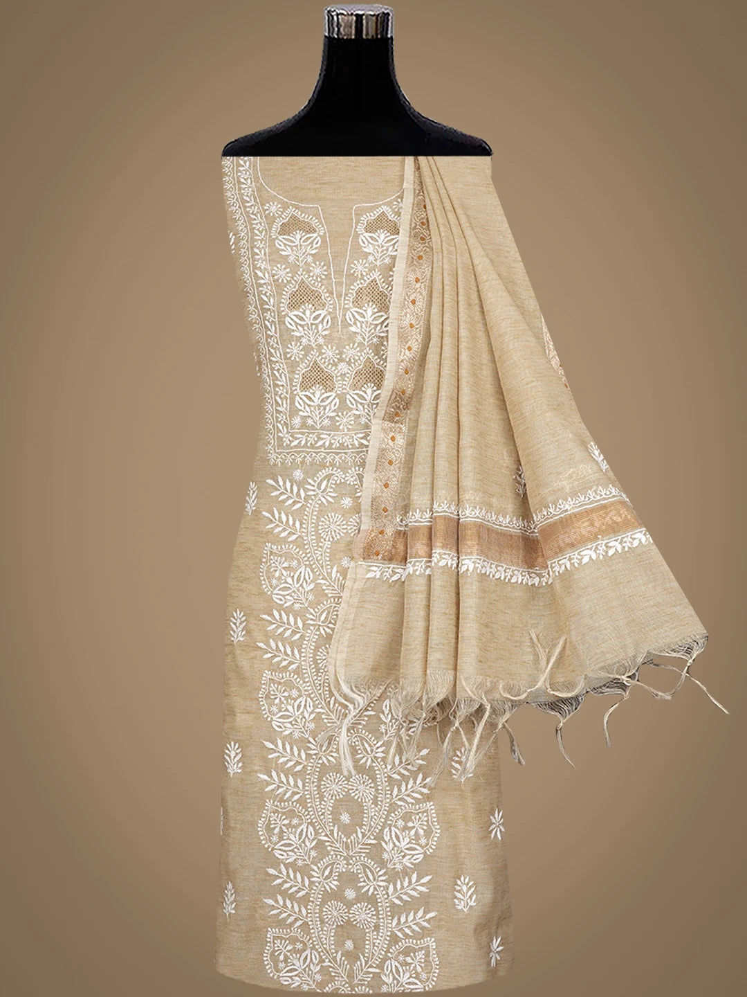 Ada Hand Embroidered Fawn Tissue Lucknowi Chikankari Unstitched Kurta Dupatta Set 01A974687