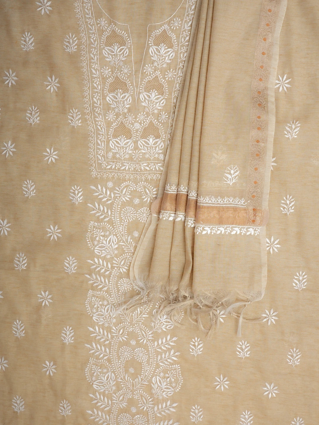 Ada Hand Embroidered Fawn Tissue Lucknowi Chikankari Unstitched Kurta Dupatta Set 01A974687