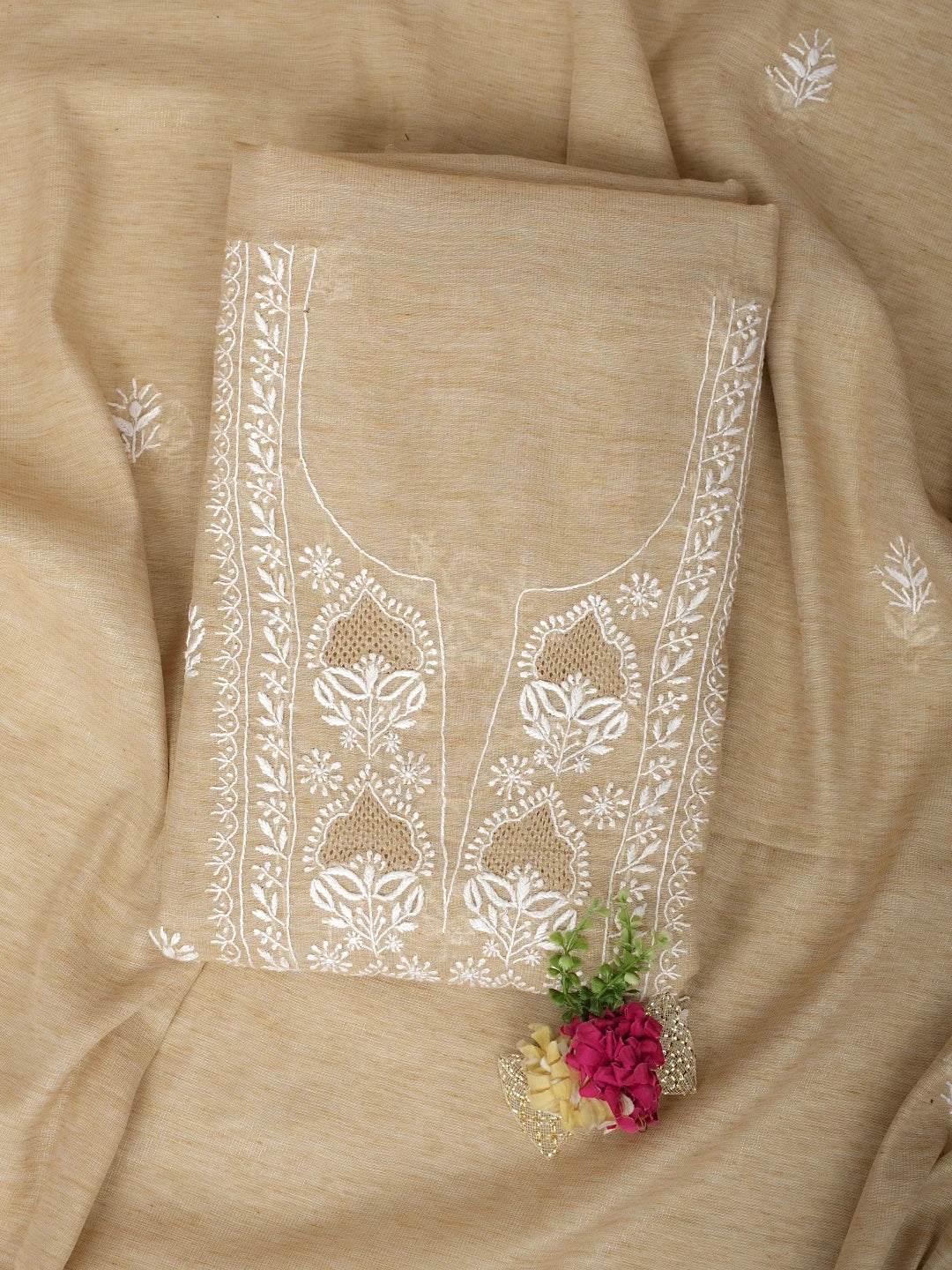Ada Hand Embroidered Fawn Tissue Lucknowi Chikankari Unstitched Kurta Dupatta Set 01A974687